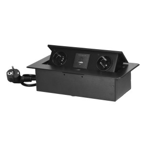 Gniazda meblowe wpuszczane w blat z płaskim frezowanym rantem, ładowarką USB i przewodem 1,5m, 2x2P+Z, 2xUSB (typ A+C; 3,6A), czarne | OR-GM-9035/B