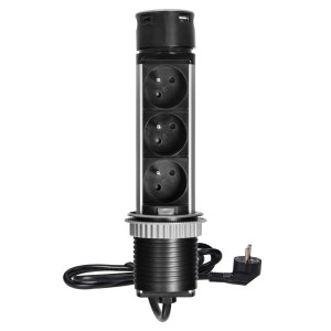 Wpuszczane gniazdo meblowe Ø6cm z ładowarką USB i przewodem 1,5m, 3x2P+Z, 2xUSB (typ A i typ C), INOX | OR-GM-9027