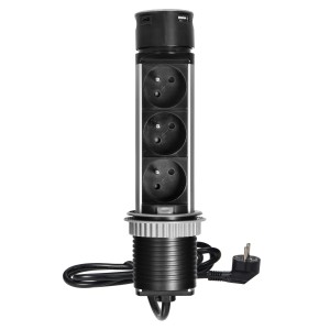 Wpuszczane gniazdo meblowe Ø6cm z ładowarką USB i przewodem 1,5m, 3x2P+Z, 2xUSB (typ A i typ C), INOX | OR-GM-9027