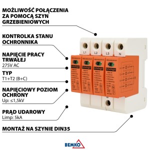 Schelinger Ochron.przepięć 4P 5kA kl.T1+T2 EN61643 | A51-SPD01-4P-B+C